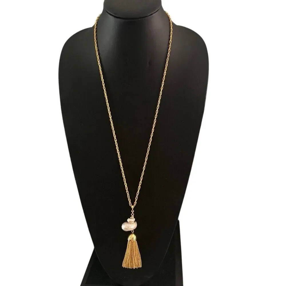 Vintage Seashell Tassel Long Necklace Women's 30